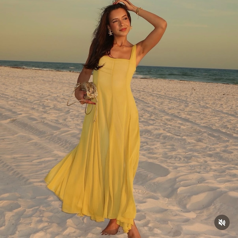Zara butter mustard Yellow Maxi Dress flowy bohemian midi summer vacation